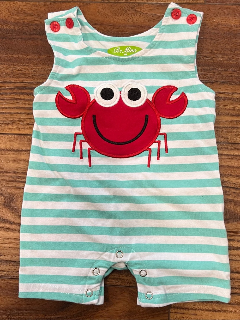 Be Mine Sz 3M Crab Striped Romper - Mint/White/Red